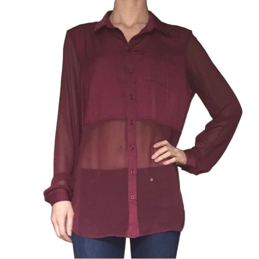 Free People Maroon Button down with Sheer Bottom XS
